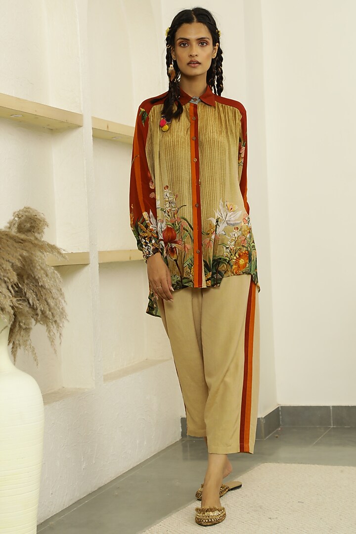 Beige Tropical Printed Short Tunic Set by Kalista at Pernia's Pop Up Shop