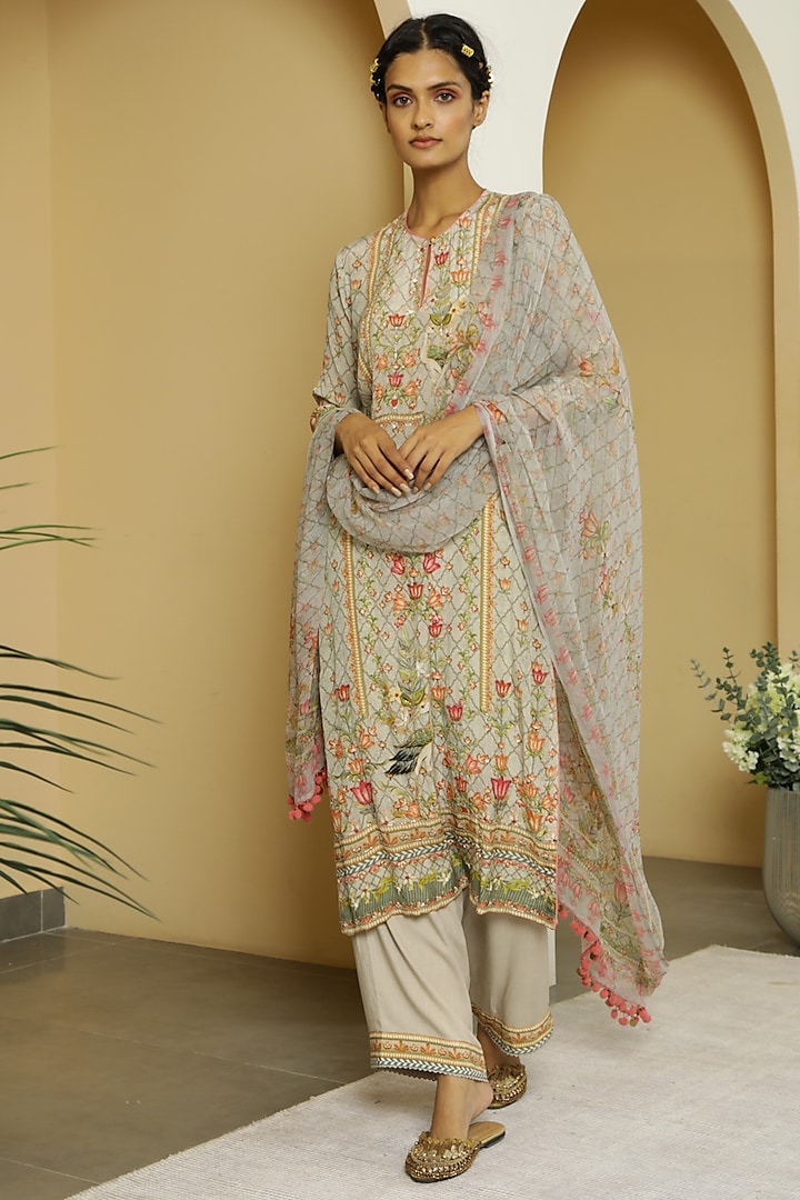 Grey Tropical Printed Kurta Set by Kalista at Pernia's Pop Up Shop