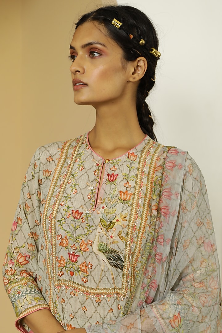 Grey Tropical Printed Kurta Set by Kalista at Pernia's Pop Up Shop