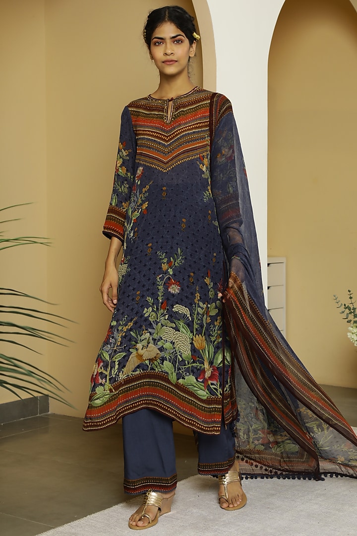 Navy Blue Tropical Printed Kurta Set by Kalista at Pernia's Pop Up Shop