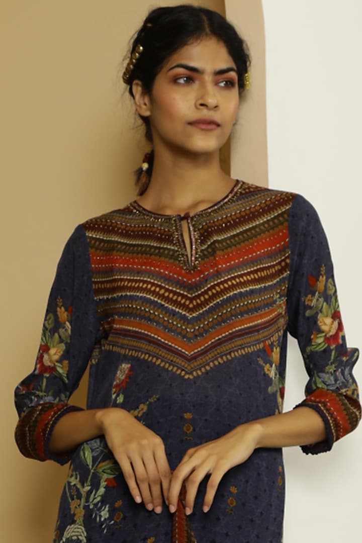 Navy Blue Tropical Printed Kurta Set by Kalista at Pernia's Pop Up Shop