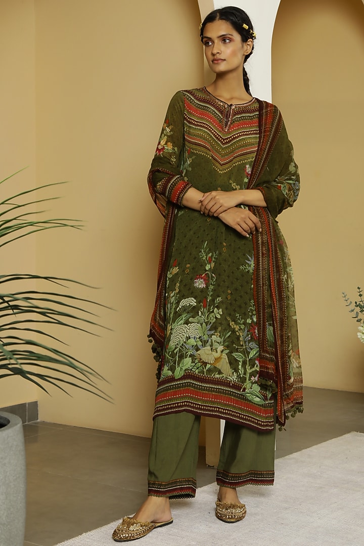 Olive Green Tropical Printed Kurta Set by Kalista at Pernia's Pop Up Shop