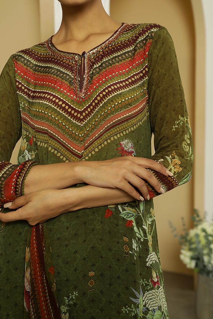 Olive Green Tropical Printed Kurta Set by Kalista at Pernia's Pop Up Shop
