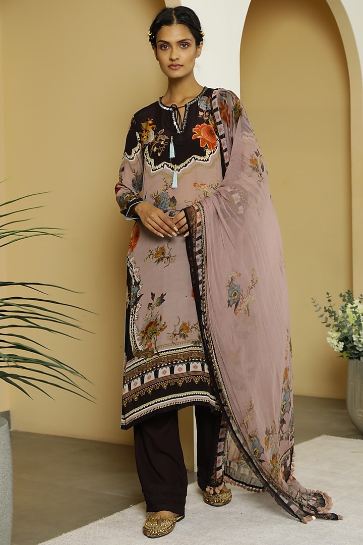 Black & Dusty Peach Floral Printed Kurta Set by Kalista