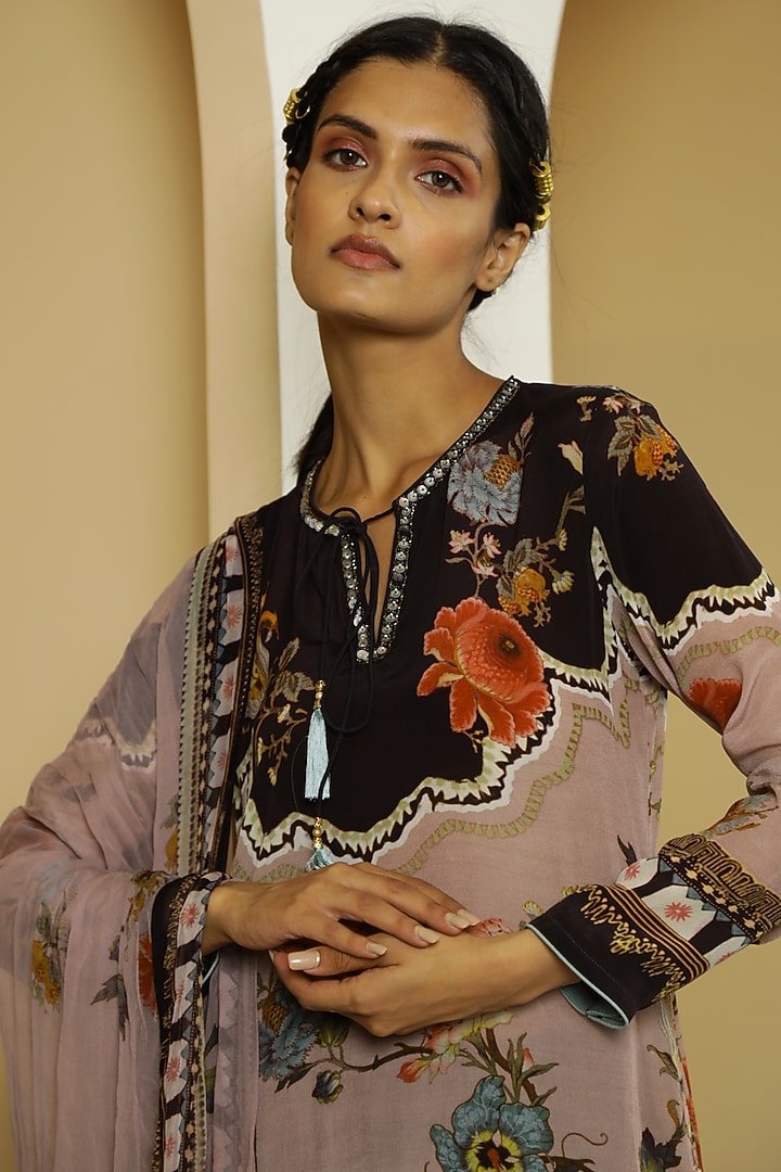 Black & Dusty Peach Floral Printed Kurta Set by Kalista at Pernia's Pop Up Shop