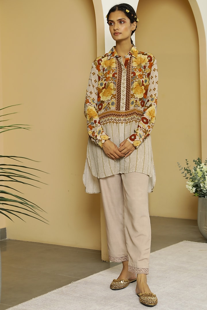 Beige Floral Printed Tunic Set by Kalista at Pernia's Pop Up Shop