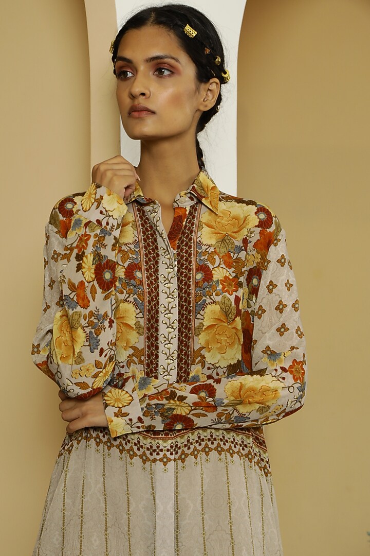 Beige Floral Printed Tunic Set by Kalista at Pernia's Pop Up Shop