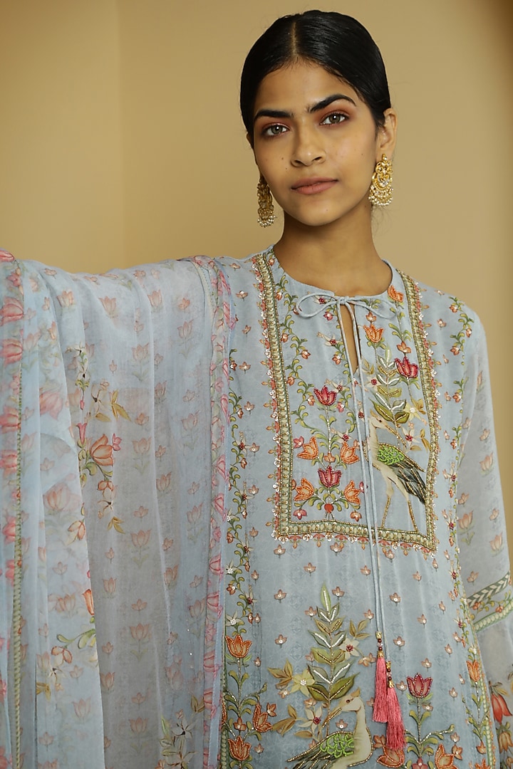 Mint Blue Georgette Gharara Set by Kalista at Pernia's Pop Up Shop