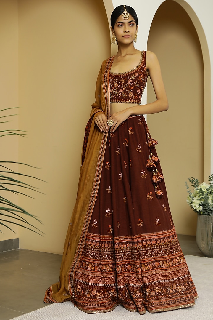 Wine Hand Embroidered Wedding Lehenga Set by Kalista at Pernia's Pop Up Shop