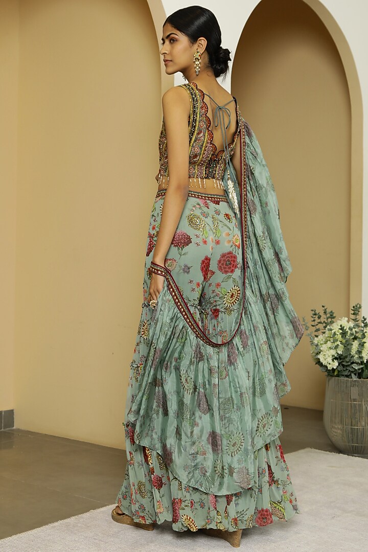 Mint Floral Hand Printed Party Wear Sharara Set by Kalista at Pernia's Pop Up Shop