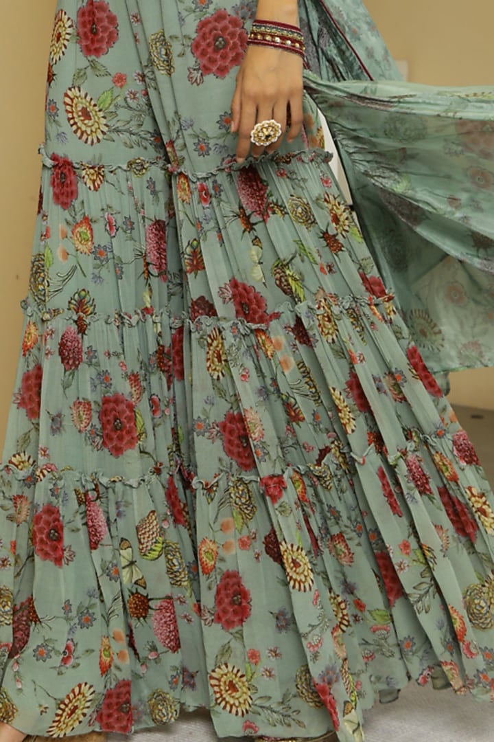 Mint Floral Hand Printed Party Wear Sharara Set by Kalista at Pernia's Pop Up Shop