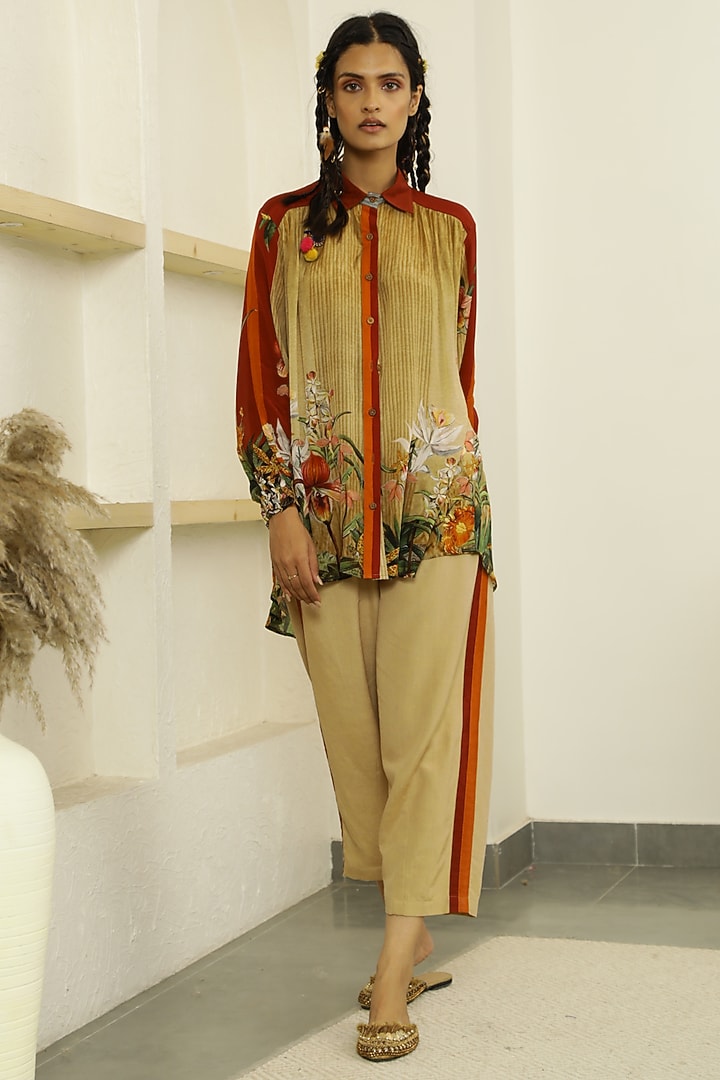 Beige Printed High-Low Tunic by Kalista at Pernia's Pop Up Shop