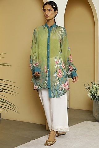 Mint Viscose Crepe Floral Tunic by Kalista