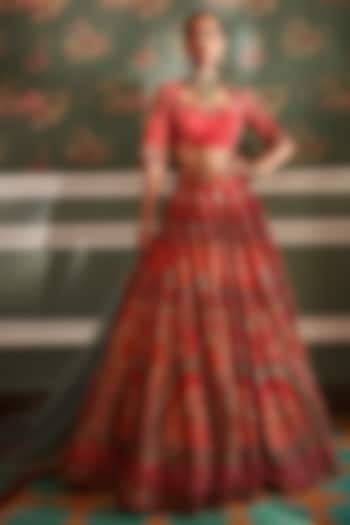 Orange & Hot Pink Hand Embroidered Wedding Lehenga Set by Kalista at Pernia's Pop Up Shop