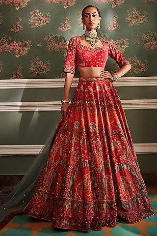 Orange & Hot Pink Hand Embroidered Lehenga Set by Kalista