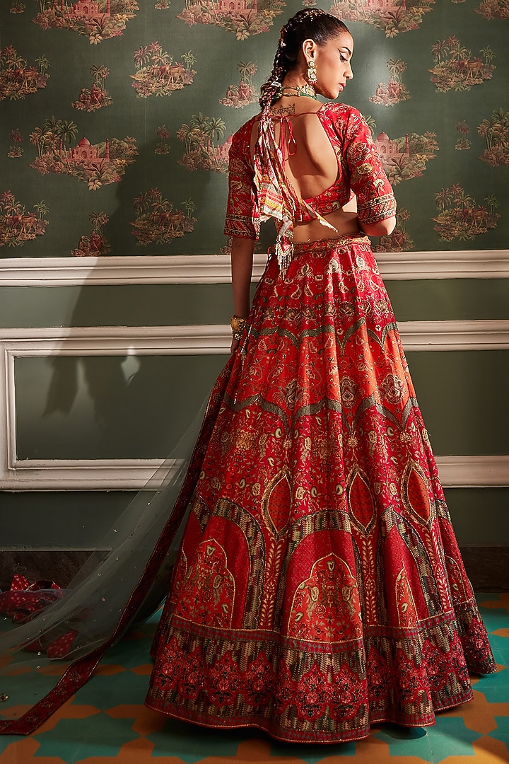 Orange & Hot Pink Hand Embroidered Wedding Lehenga Set by Kalista at Pernia's Pop Up Shop