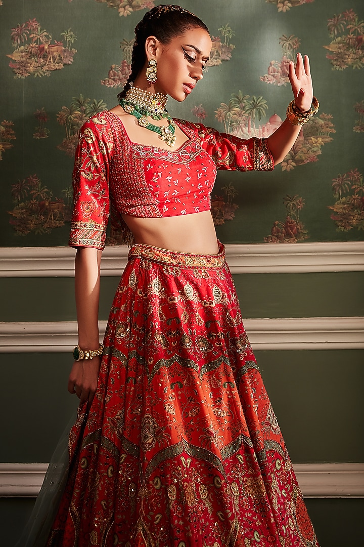 Orange & Hot Pink Hand Embroidered Wedding Lehenga Set by Kalista at Pernia's Pop Up Shop
