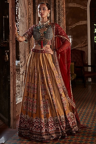 Mustard Hand Embroidered Lehenga Set by Kalista