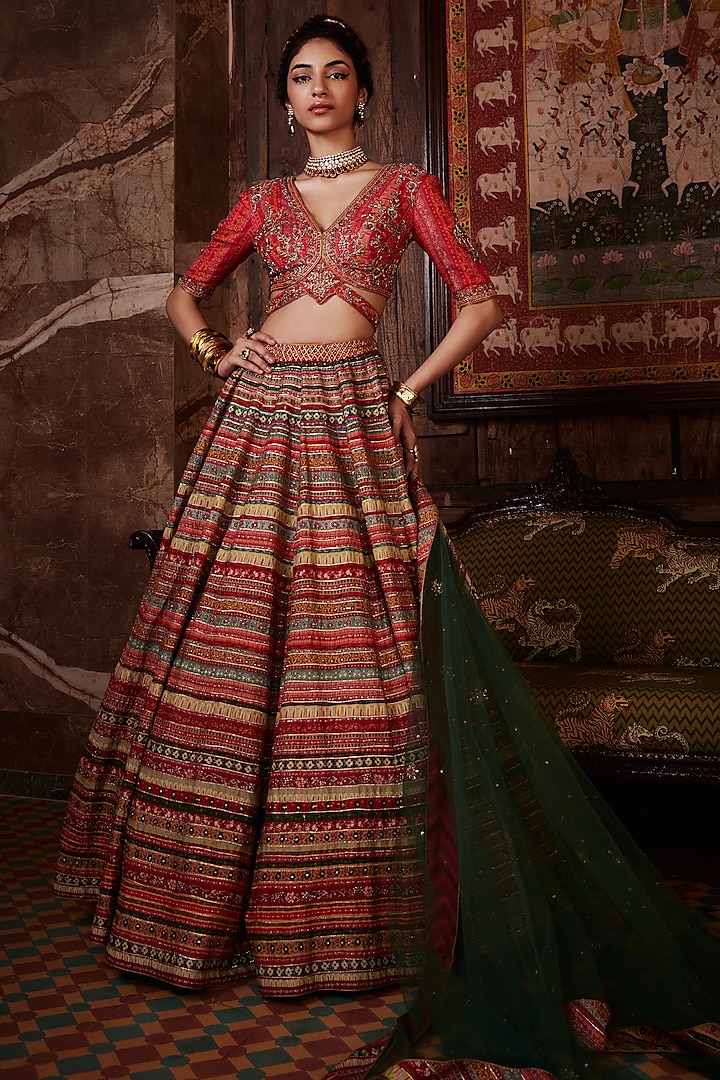 Red Embroidered Lehenga Set by Kalista