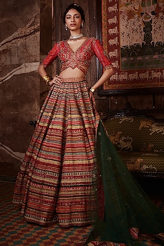 Red Embroidered Lehenga Set by Kalista