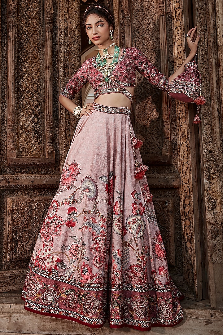 Mauve Pink Hand Embroidered Lehenga Set by Kalista