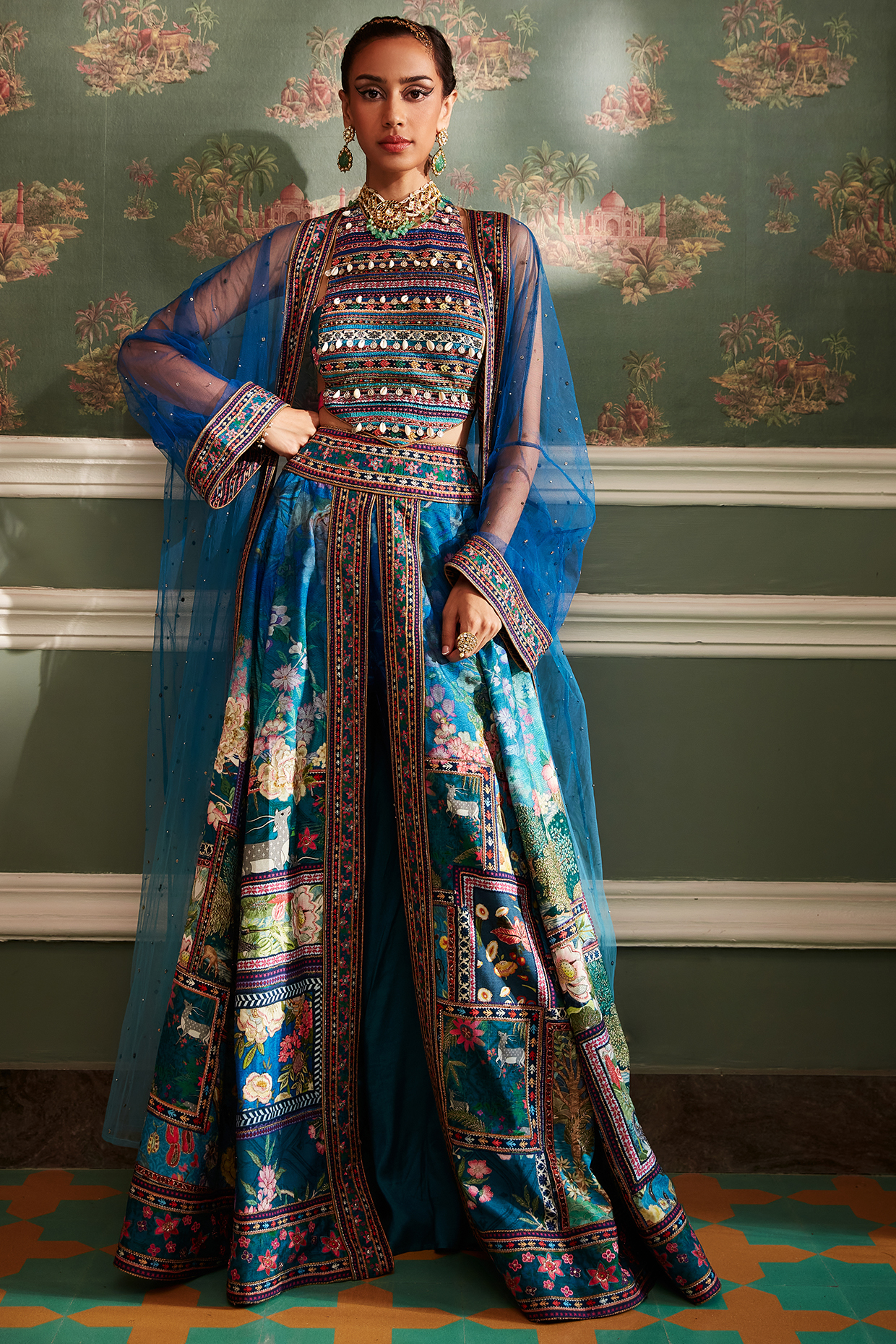 Teal Hand Painted Skirt Set by Kalista