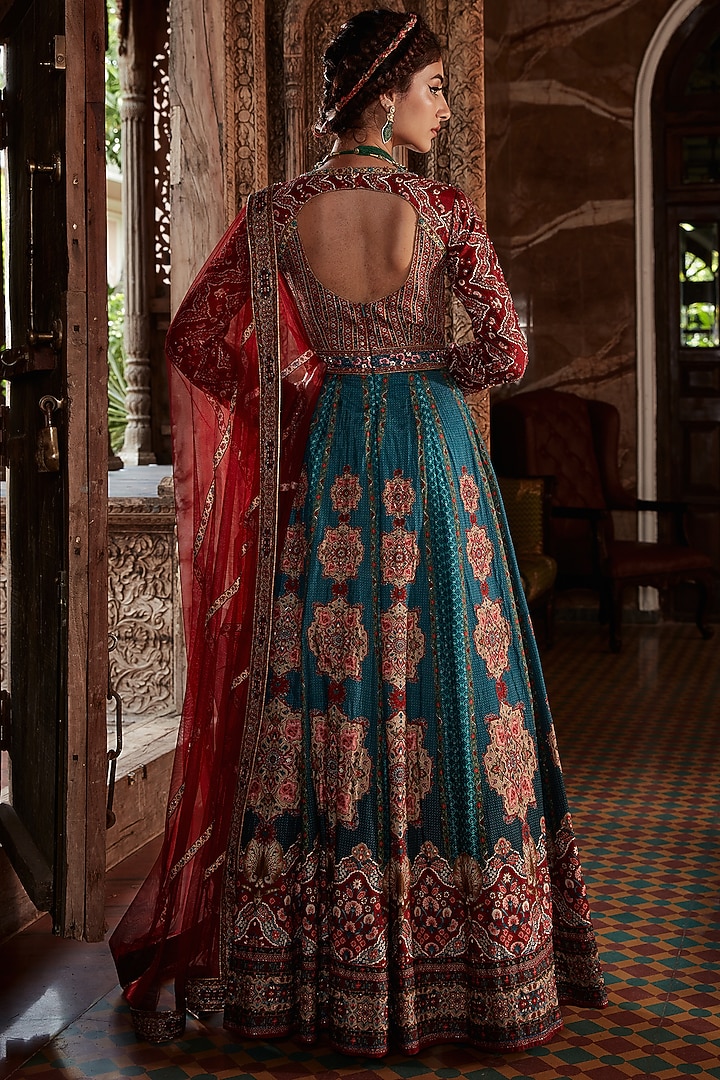 Teal Hand Embroidered Wedding Anarkali Set by Kalista at Pernia's Pop Up Shop