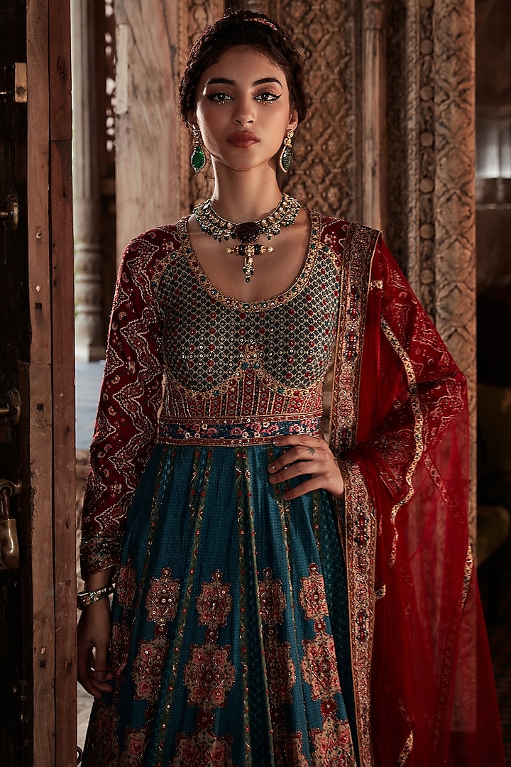 Teal Hand Embroidered Wedding Anarkali Set by Kalista at Pernia's Pop Up Shop