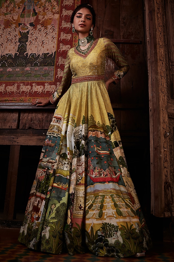 Lime Yellow Viscose Silk Wedding Anarkali Set by Kalista at Pernia's Pop Up Shop