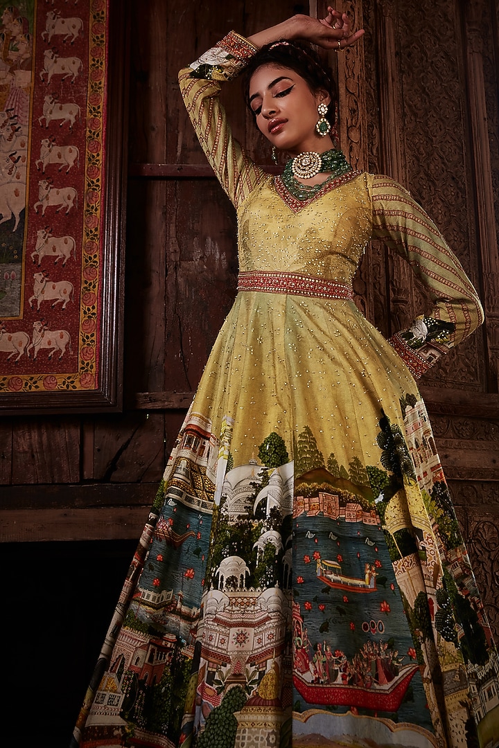 Lime Yellow Viscose Silk Wedding Anarkali Set by Kalista at Pernia's Pop Up Shop