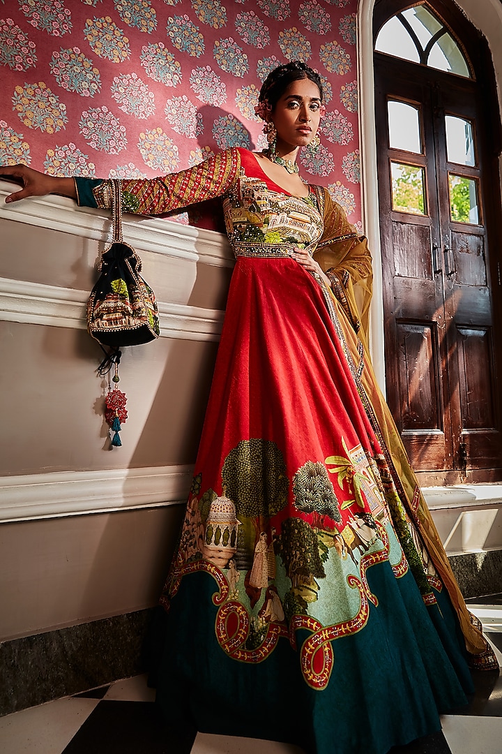 Red Viscose Silk Anarkali Set by Kalista