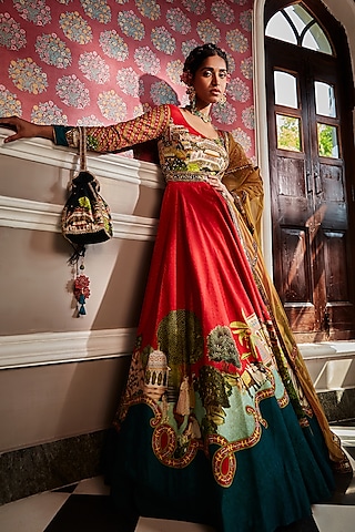 Red Viscose Silk Anarkali Set by Kalista