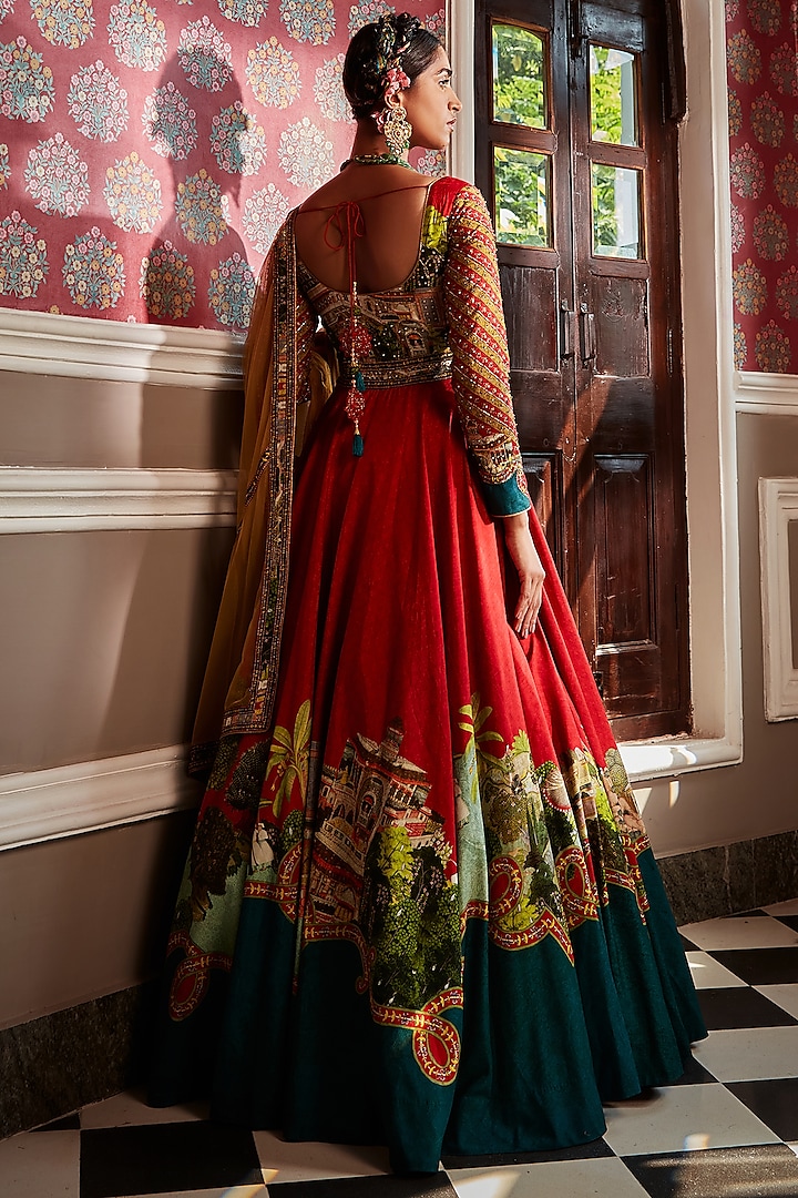 Red Viscose Silk Wedding Anarkali Set by Kalista at Pernia's Pop Up Shop