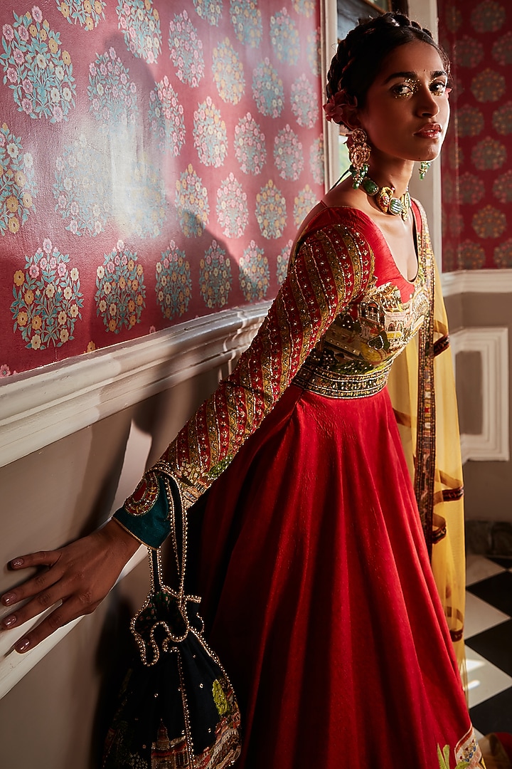 Red Viscose Silk Wedding Anarkali Set by Kalista at Pernia's Pop Up Shop