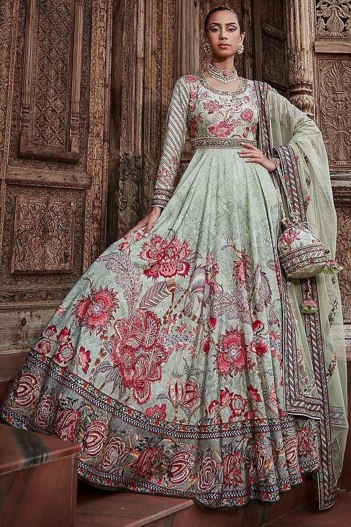 Mint Green Printed Wedding Anarkali Set by Kalista at Pernia's Pop Up Shop