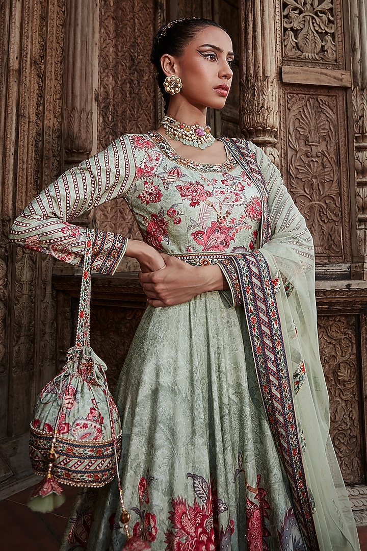 Mint Green Printed Wedding Anarkali Set by Kalista at Pernia's Pop Up Shop