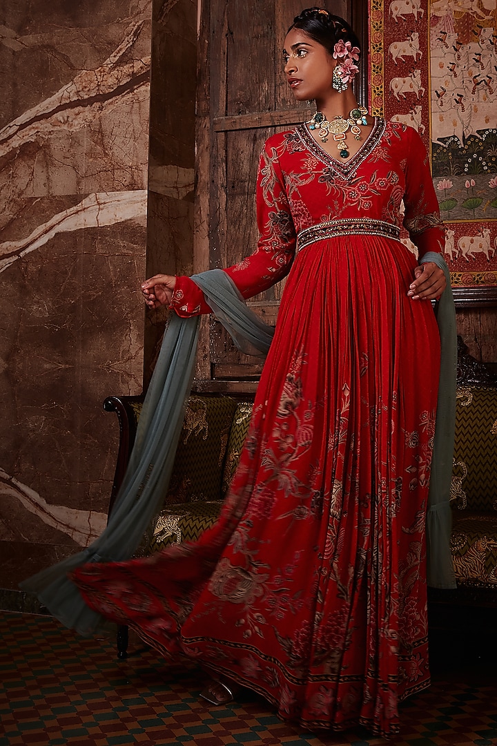 Red Printed Wedding Anarkali Set by Kalista at Pernia's Pop Up Shop
