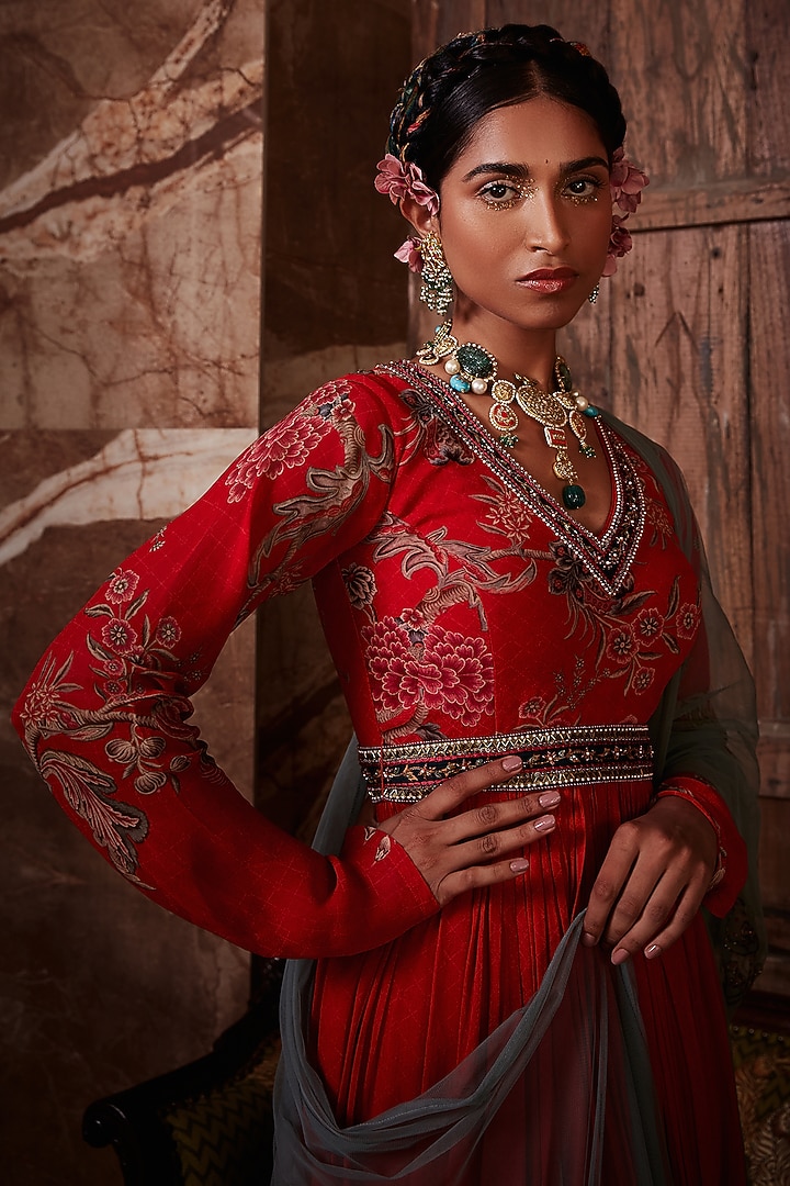 Red Printed Wedding Anarkali Set by Kalista at Pernia's Pop Up Shop