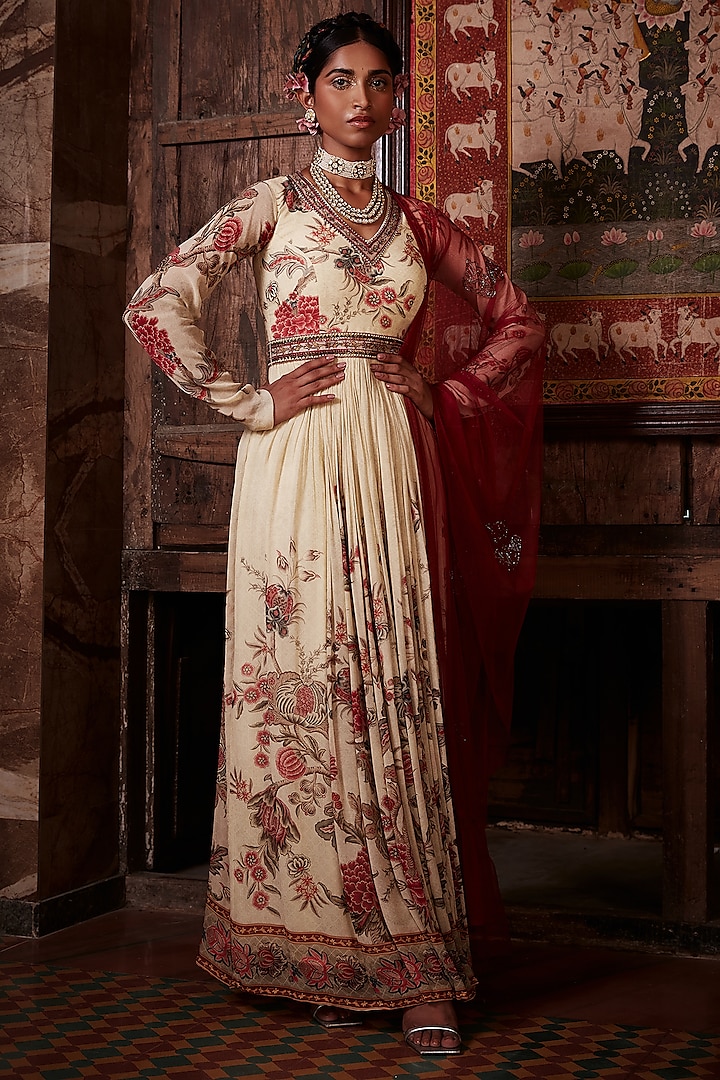 Ivory Printed Wedding Anarkali Set by Kalista at Pernia's Pop Up Shop