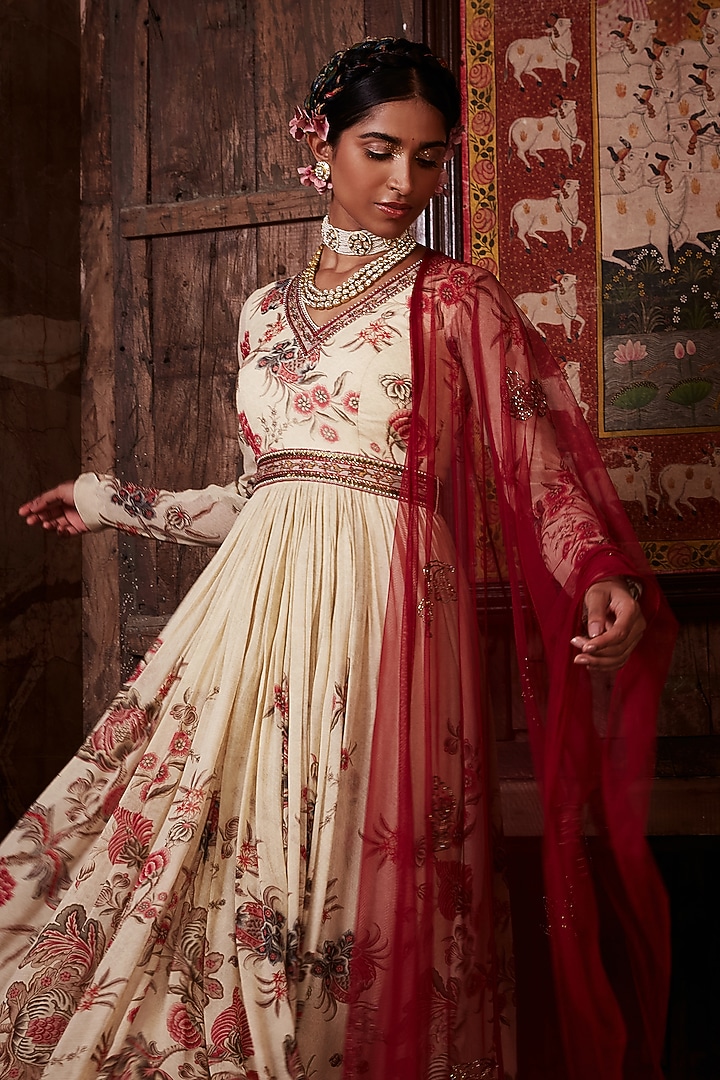 Ivory Printed Wedding Anarkali Set by Kalista at Pernia's Pop Up Shop