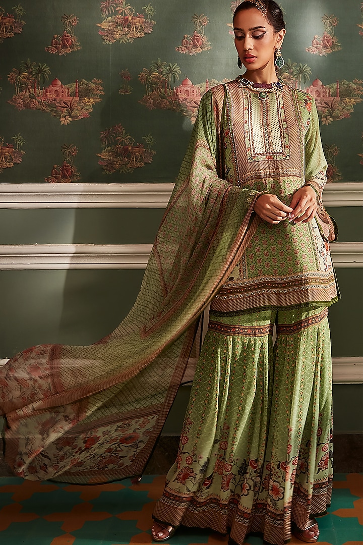 Olive Green Viscose Georgette Chintz Floral Printed Gharara Set by Kalista at Pernia's Pop Up Shop