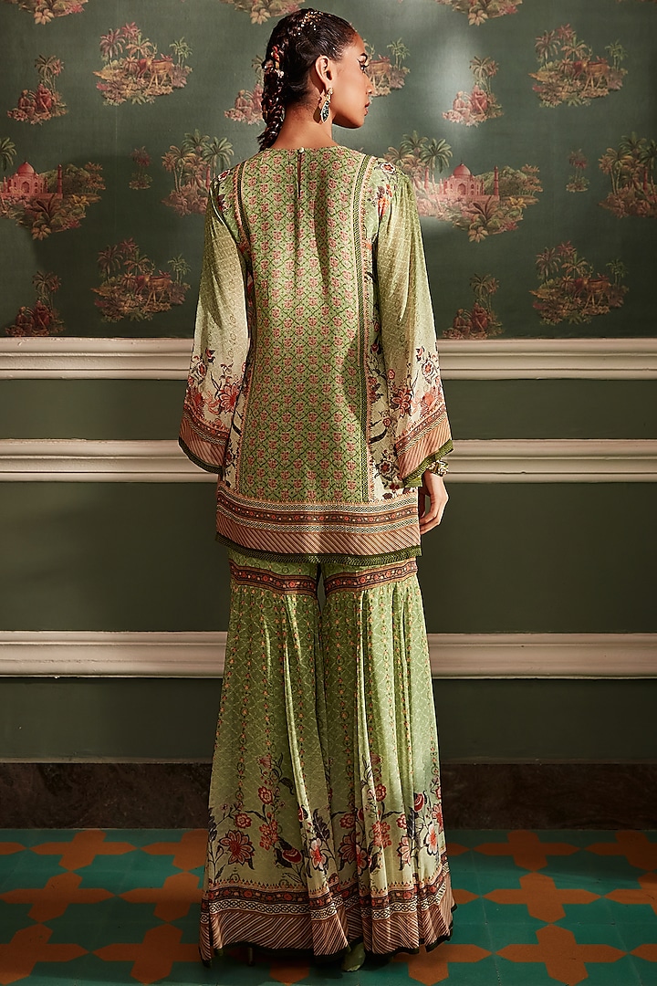 Olive Green Viscose Georgette Chintz Floral Printed Gharara Set by Kalista at Pernia's Pop Up Shop