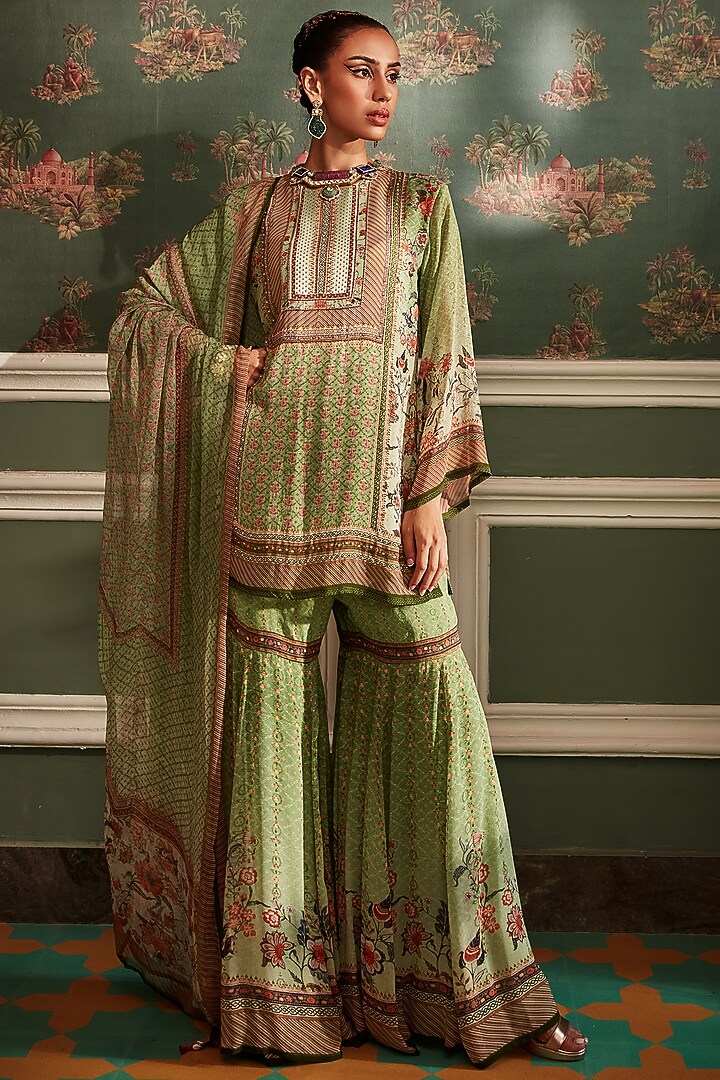 Olive Green Viscose Georgette Chintz Floral Printed Gharara Set by Kalista at Pernia's Pop Up Shop