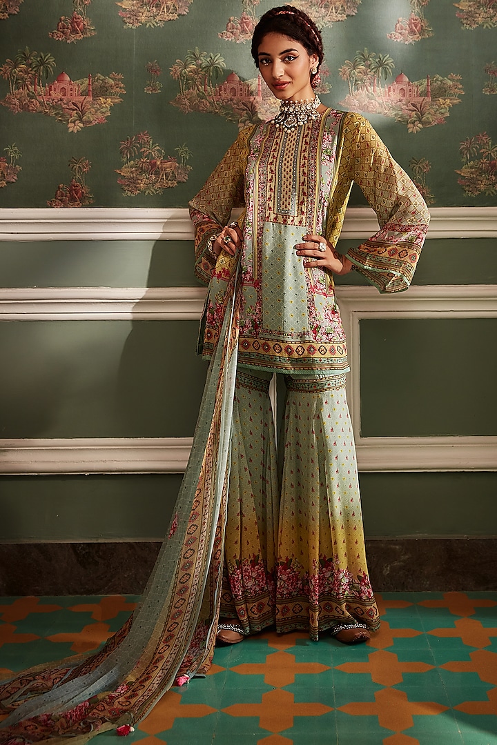 Aqua & Yellow Viscose Georgette Gharara Set by Kalista