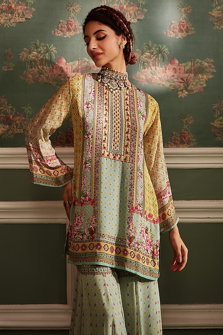 Aqua & Yellow Viscose Georgette Gharara Set by Kalista at Pernia's Pop Up Shop