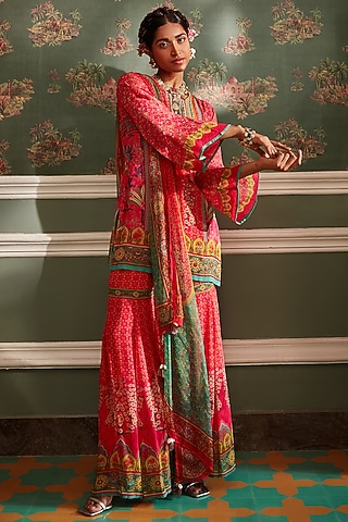 Hot Pink Viscose Georgette Gharara Set by Kalista