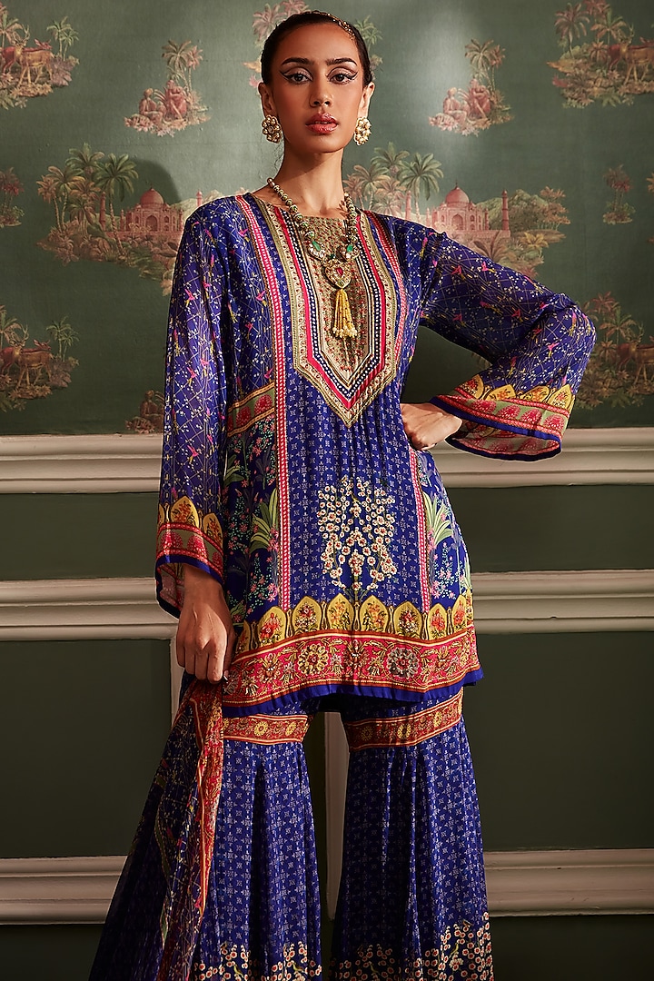 Midnight Blue Viscose Georgette Gharara Set by Kalista at Pernia's Pop Up Shop