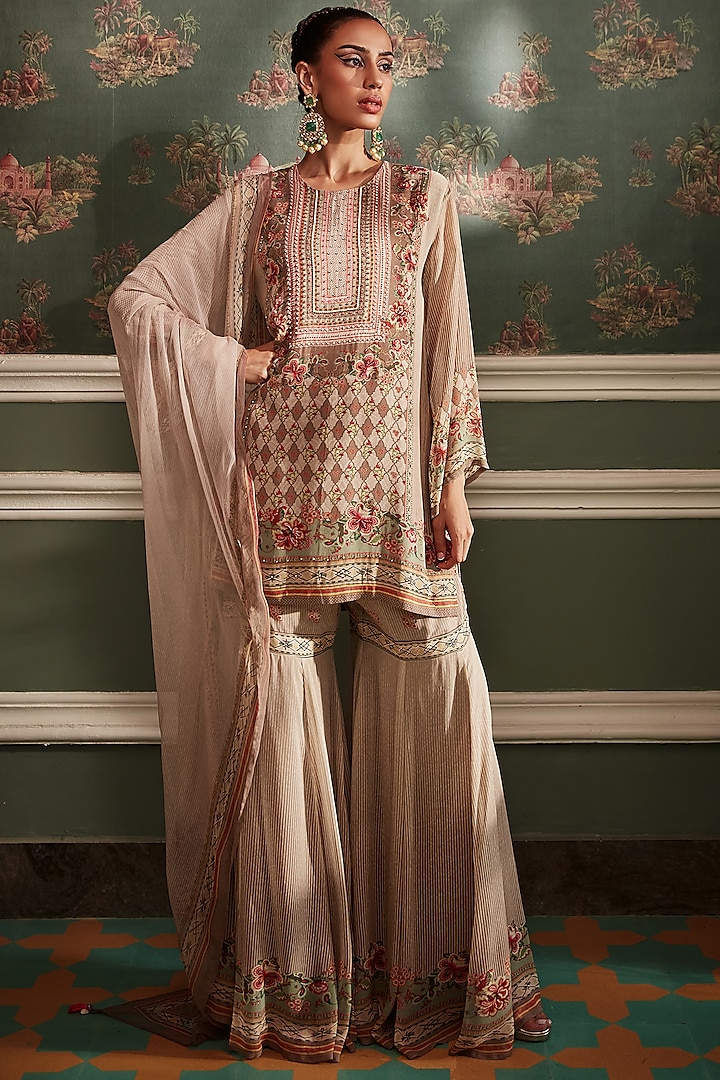 Beige Viscose Georgette Gharara Set by Kalista at Pernia's Pop Up Shop