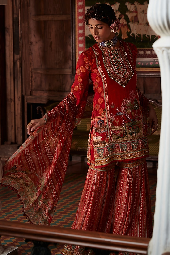Red Viscose Georgette Embroidered Gharara Set by Kalista
