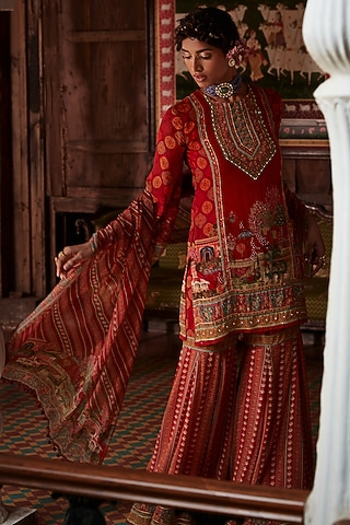 Red Viscose Georgette Motifs Embroidered Gharara Set by Kalista
